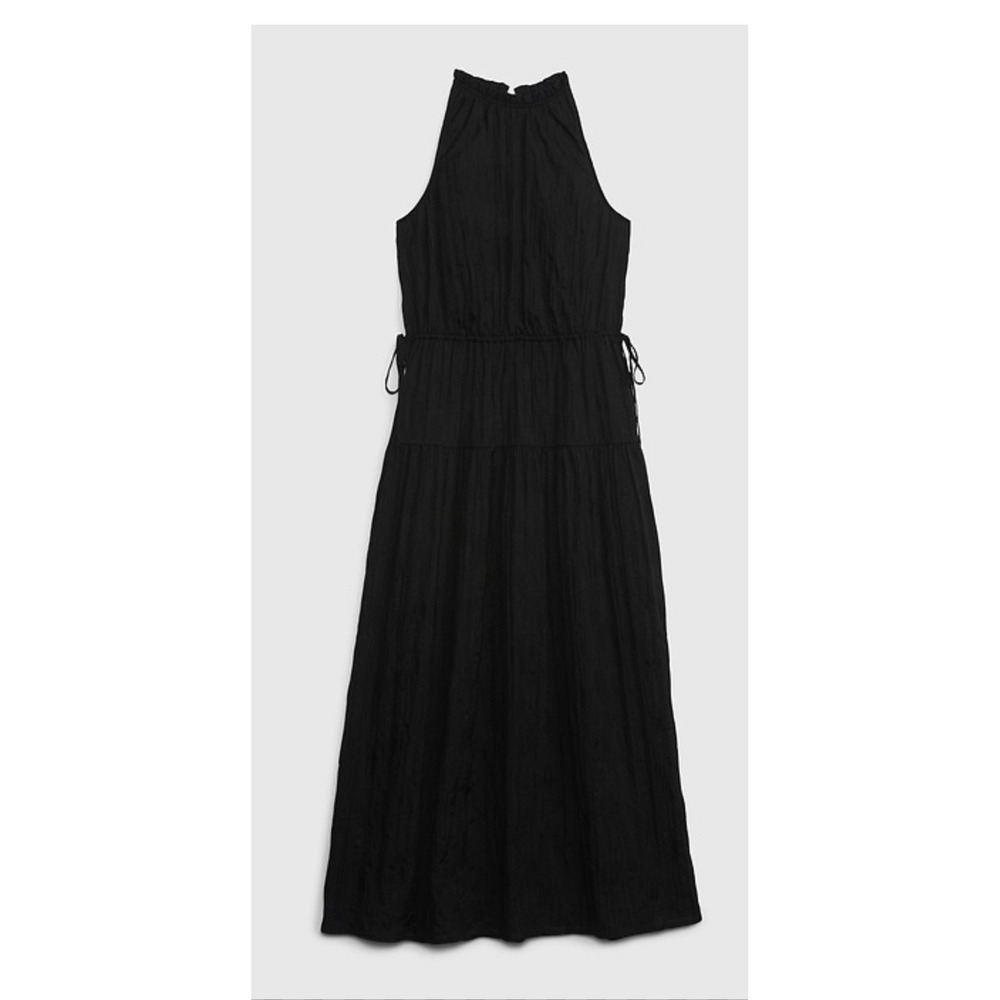 Gap Satin High Neck Black Crinkle Gauze Halter Maxi Dress Tiered Ruffle Neck XL